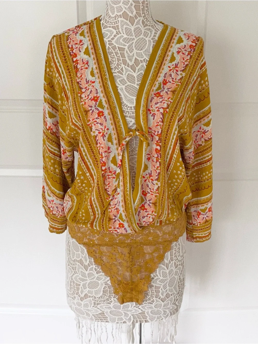Free People Boho Tie Front Bodysuit, Gold Combo Sz S